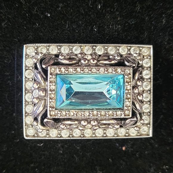 Joan Rivers - Rectangle Brooch and Earrings Set - w/Blue & Clear Rhinestones - Picture 4 of 8